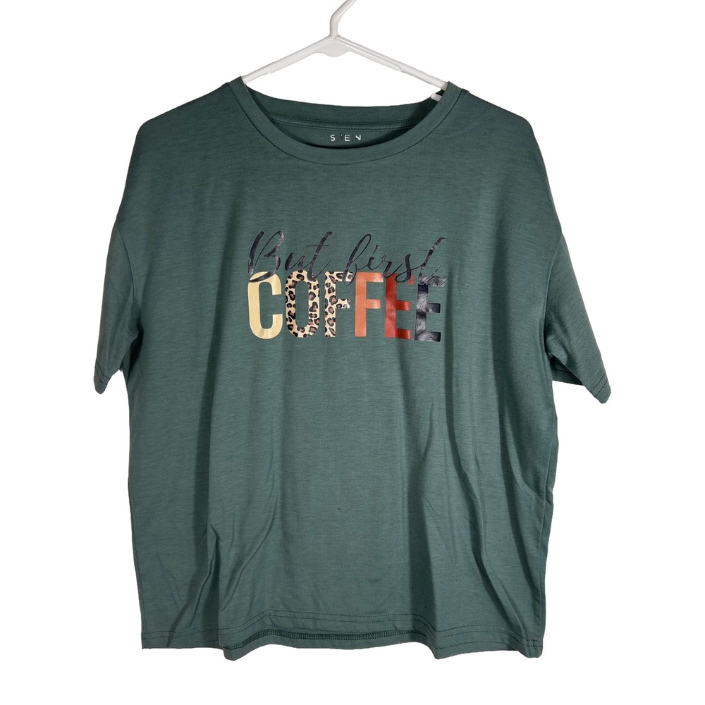 SHEIN But First Coffee Graphic Tee Forest Green Leopard Print Relaxed Top Large‎